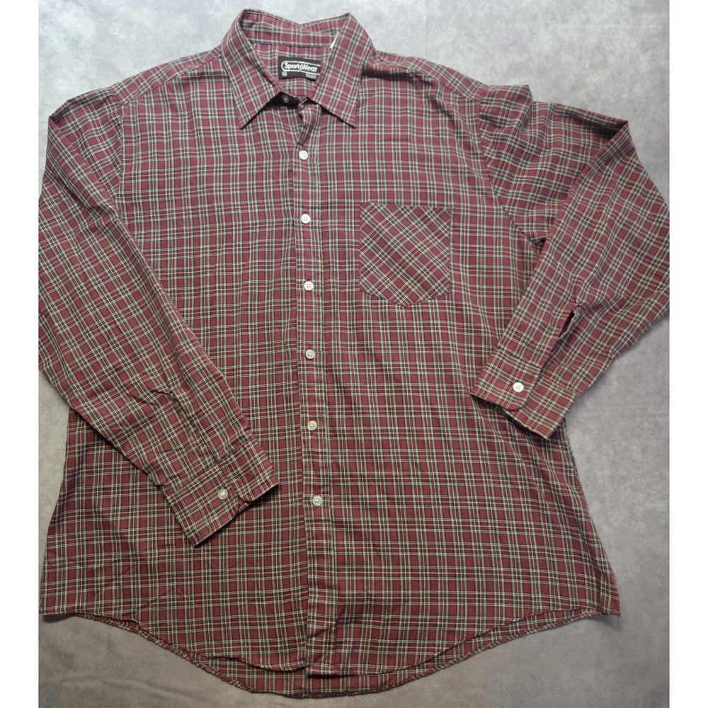 Sears Sportswear Plaid Button Up Shirt Mens XL Red Green Short Sleeve Holidays